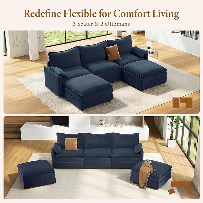 Vesgantti 108" U Shaped Sectional Couch, Deep Seat Cloud Modular Sectional Sofa with 2 Ottoman, Modern Chenille Cloud Sofa Height Adjustable for Living Room, Bedroom and Apartment, Blue