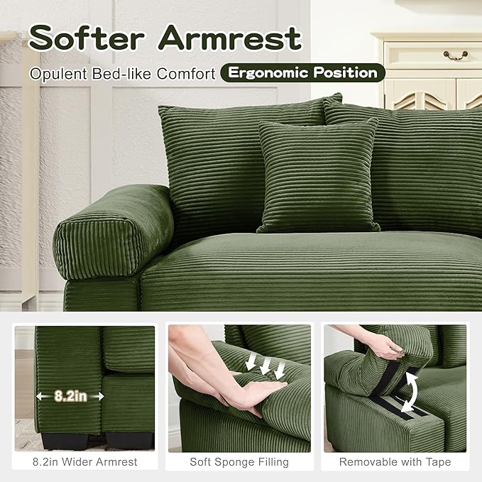 KEIKI 130" U-Shaped Oversized Corduroy Modular Cloud Sectional Sofa with 2 Ottoman, High-Density Foam Cushion, Extra-Thick Armrest, 3-Seater Fluffy Corner Couch with 9 Pillow, for Living Room, Green