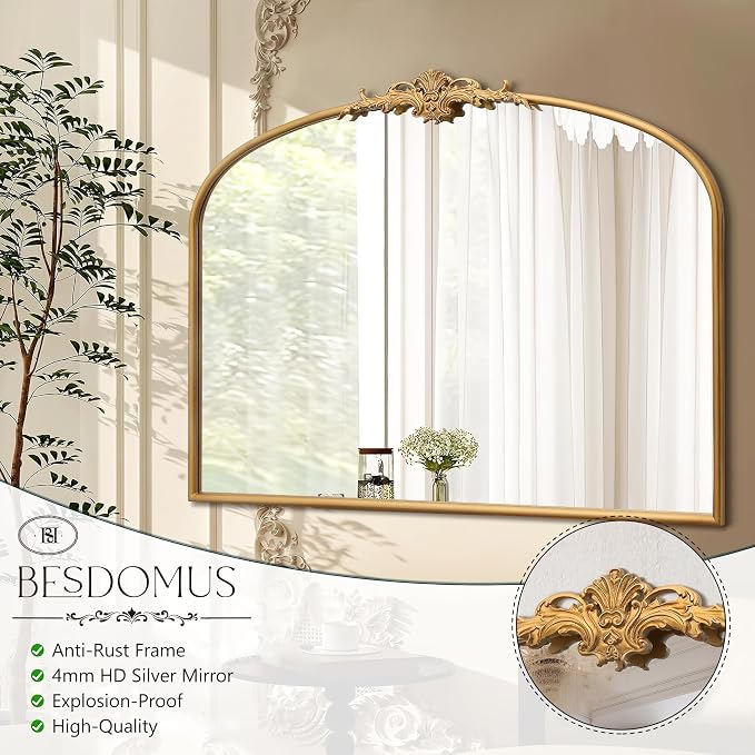 Besdomus Antique Arched Gold Mirror: 40"x29" French Large Decorative Gold Vintage Wall Vanity Mirror - Baroque Traditional Ornate for Bedroom/Bathroom/Fireplace/Entryway - Home Decor for Homemakers - Image 7