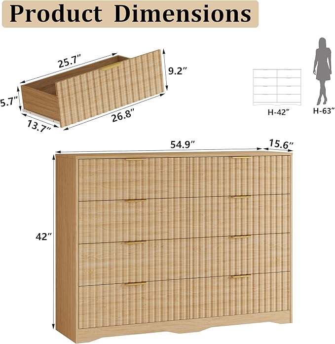 8 Drawer Dresser and Nightstand Sets for Bedroom, Modern Fluted 3 Pcs Bedroom Dresser Furniture Sets, Wood Chest of Drawers and Nightstand Set of 2 with Metal Handles, Natural Oak