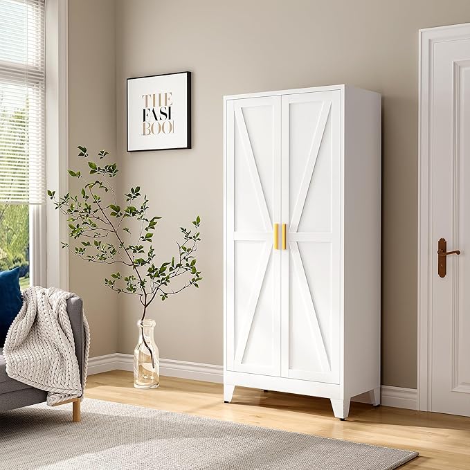 71" Tall Metal Armoire Wardrobe Closet, Clothing Storage Cabinet, Freestanding Wardrobe Cabinet with 4 Adjustable Shelves for Bedroom, Office, Garage