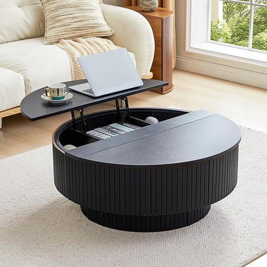 33" Round Coffee Table with Lift-Top & Flip-Top Storage, Modern Accent Fluted Coffee Tables with Metal Frame, Wooden Circle Center Table for Living Room Small Space Apartment Office (Black)