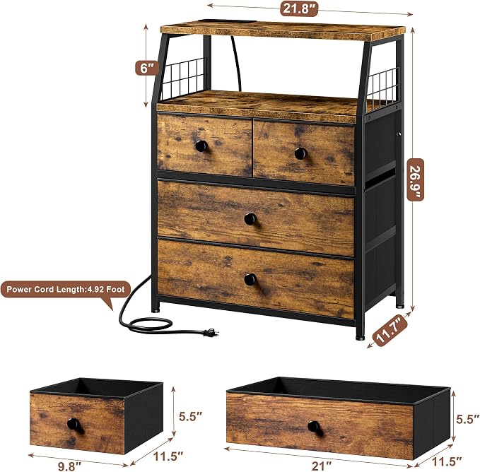 EnHomee Nightstands Set of 2, Bedside Table with Charging Station & LED Lights, End Table with 4 Fabric Drawers, Furniture for Bedroom, Dorm, Closet, Entryway, Wood Top, Rustic Brown | Night Stand, LED Lights, for Bedroom, with Outlets, 2 USB Ports - Image 2