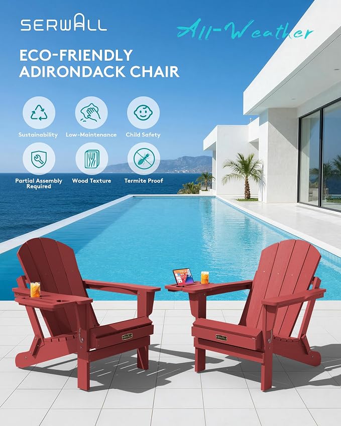 SERWALL Folding Adirondack Chair, Outdoor Adirondack Chairs with 4 in 1 Cup Holder, Wood Texture, Weather Resistant Plastic Patio Fire Pit Chairs for Garden, Backyard, Deck, Lawn - Green - Image 7