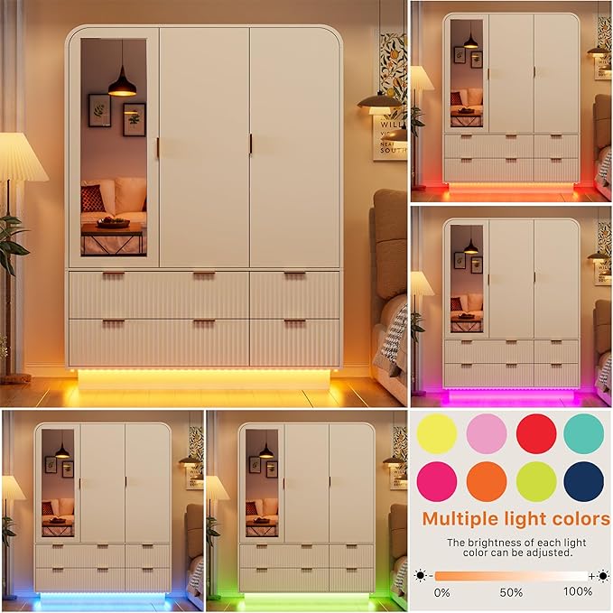 3 Door Wardrobe Closet with Mirror and LED Lights,Wooden Bedroom Armoires with Hanging Rods & Shelves, Drawers for Bedroom,Laundry Room,Cloak Room,White