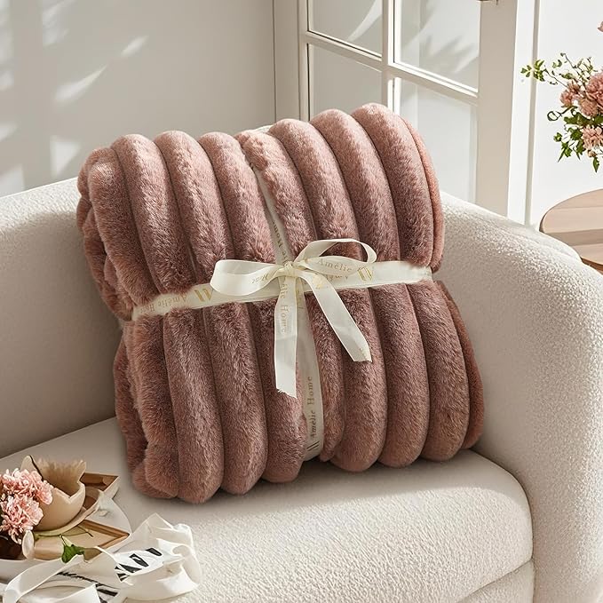 Amélie Home Faux Fur Throw Blanket for Couch, Ultra Cozy Fuzzy Fluffy Fur Luxurious Soft Striped Plush Gift Blankets for Family Sofa Chair Bedroom, 60"x80", Cationic Fox Pink Brown