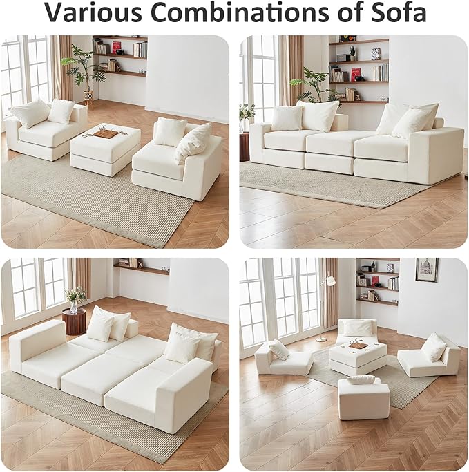Modular Sectional Loveaeat Cloud Sofa, Boneless Couch with Non Slip Base, Modern Sleeper Sofa for Customizable Living Spaces, Cozy Modular Couch with L-Shape Chaise, Deep Seat & No Assembly, Beige