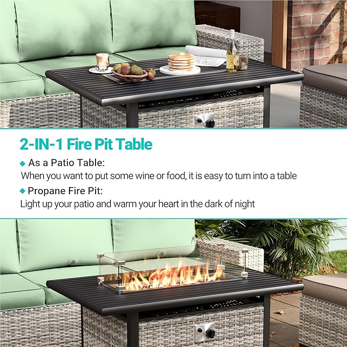 13-Piece Outdoor Patio Furniture Set with Rocking Swivel Chair, Wicker Rattan Sectional Sofa Conversation Set with 55,000 BTU Fire Pit Table with Ottomans, Backyard Furniture, Light Green