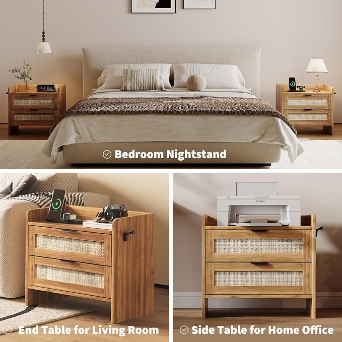 Rattan Nightstand Set of 2, Bedside Table, Modern Night Stand with Type-C Charging Station, 2 Drawer Storage Space, with Hook Included, Suitable for Bedroom, Office as a End Table, Side Tables - Image 8