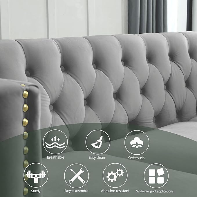 KEIKI Tufted Velvet 3 Seat Sofa Couch for Living Room, Buttons Tufted Square Arm Couch for Home Apartment, Gray