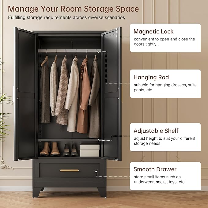 LCAOPC 71" Tall Metal Wardrobe Cabinet with Drawer and Hanging Rod, 2 Doors Armoire Wardrobe Closet with Shelf for Bedroom, Office, Laundry Room, Black