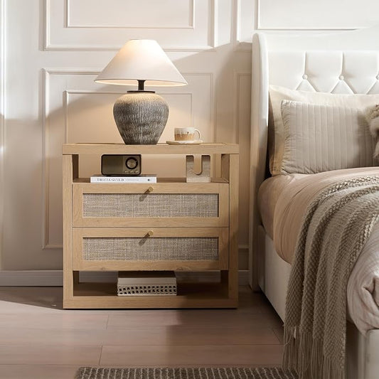VividVibe Natural Oak Night Stand, Nightstand with Drawers and Storage Shelf - Rattan Boho Bedside Tables Large Nightstands Wooden Bed Side Table, Modern Farmhouse Accent Rustic Bedroom End Table by Unknown