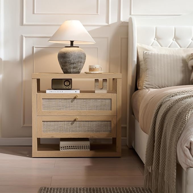 VividVibe Natural Oak Night Stand Set 2, Nightstand with Drawers and Storage Shelf - Rattan Boho Bedside Tables Large Nightstands Wooden Bed Side Table, Modern Farmhouse Accent Rustic End Table - Image 4