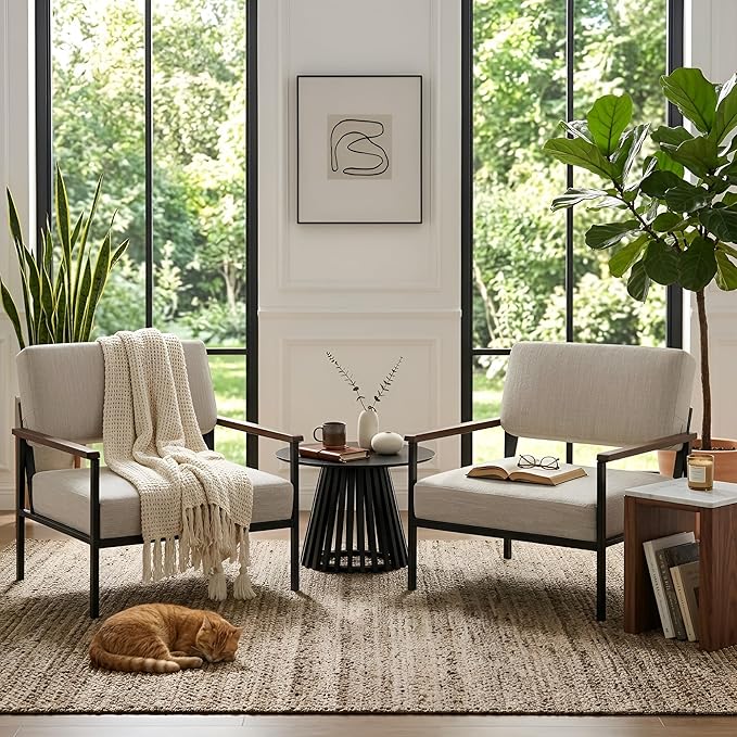 Mid Century Modern Beige Accent Chairs Set of 2, Comfy Arm Chairs with Black Metal Frame Soft Linen Fabric Upholstered Armchairs Living Room Chairs Lounge Chairs Reading Chairs for Bedroom/Office