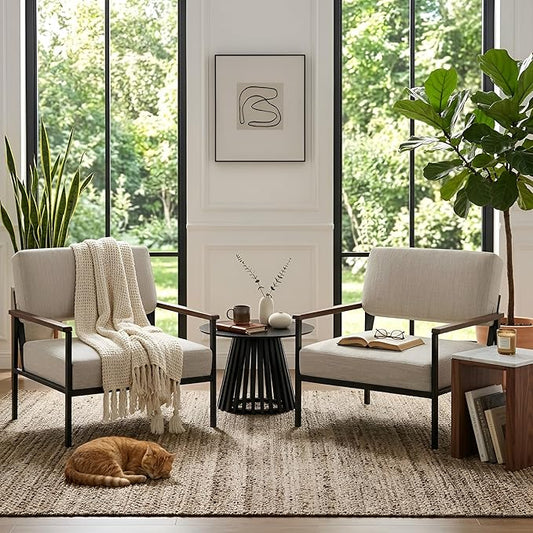 Mid Century Modern Beige Accent Chairs Set of 2, Comfy Arm Chairs with Black Metal Frame Soft Linen Fabric Upholstered Armchairs Living Room Chairs Lounge Chairs Reading Chairs for Bedroom/Office