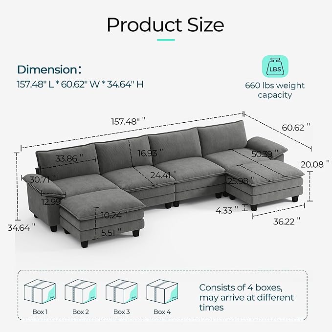 LINSY HOME 157'' Modular Sectional Sofa Grey Couch Corduroy Cloud Couches for Living Room, U Shaped Couch with Movable Ottoman, Modern Cloud Sectional Sofas for Bedroom and Apartment, Grey