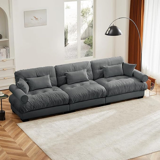 KEIKI 130" Oversized Velvet Modular Sectional Sofa with High-Density Foam Cushions and Bolstered Armrests, Upholstered Modern Style 3-Seater Cloud Couch with 5 Pillow, for Apartment, Living Room, Grey