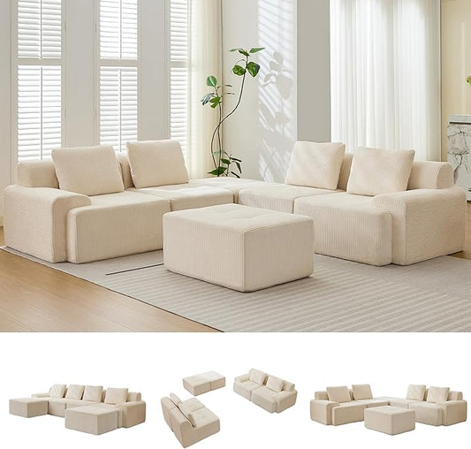 Modular Sectional Sofa, 6 Seat Modular Couch, Modular Sofa with Deep Seat and Detachable Pillow (White, 6 Pieces-U Shape)