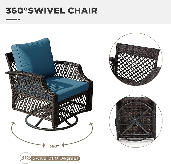 HOMREST 3 Piece Outdoor Swivel Chair Set, Wicker Patio Bistro Set with Thickened 25D Cushions and Glass Coffee Table, Patio Furniture Conversation Set for Deck, Yard, Garden, Poolside(Turquoise)