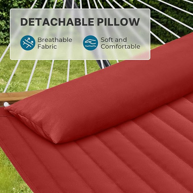 SUPERJARE Hammock with Stand, 2 Person Heavy Duty Hammock with Padded Cotton, Detachable Pillow & Strong Curved-Bar & Portable Carrying Bag, Perfect for Outdoor & Indoor, Red - Image 4