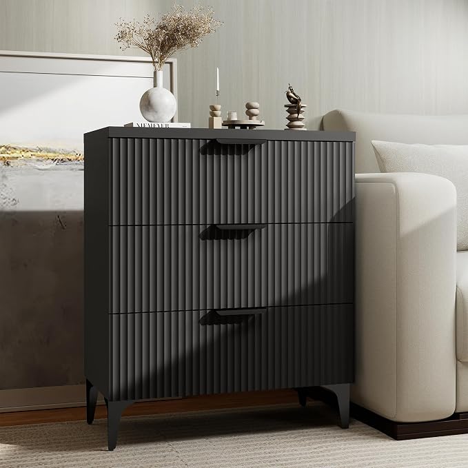 Wood Night Stand Fluted for Bedroom 3 Drawers End Tables Nightstand, Storage Modern Side Table Natural Black Bedside Table by Unknown
