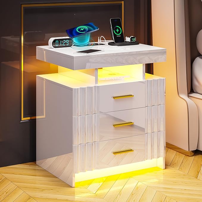 HNEBC LED Nightstand,White Night Stand with Charging Station-USB+Type-C+Wireless Charging,Smart Bedside Table has Auto Sensor, High Gloss Bedside with 3 Drawers for Bedroom - Image 3