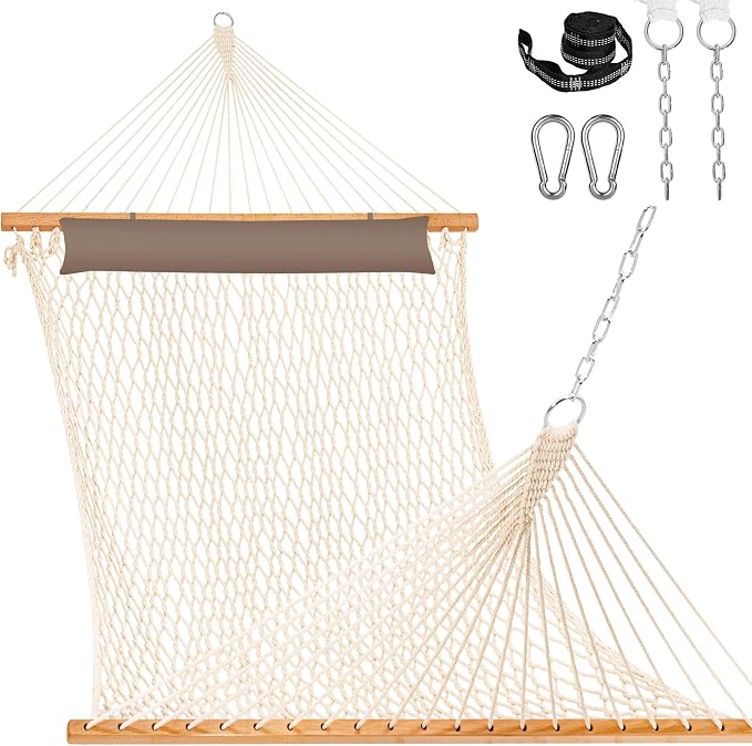 Lazy Daze Hammocks 12FT Double Rope Hammocks, 2 Person Hand Woven Cotton Hammock with Pillow and Spreader Bar for Outside, Patio, Poolside, FIT 13-15 Ft Stand, Max 450 Lbs, Natural, 141 x 57 inches by LazyDazeHammocks