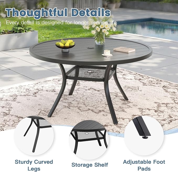 DIFY Outdoor Dining Set for 6, Patio Dining Furniture Set Includes 47.2" Black Round Table with Adjustable Umbrella Hole and 6 Blue Stackable Metal Chairs for Poolside, Garden, Backyard - Image 4