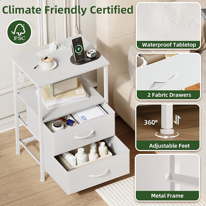 Somdot Nightstands Set of 2,End Tables with Charging Station and LED Lights,Night Stand with 2 Fabric Drawers, End Table with Open Shelf, Small Nightstand for Bedroom, White Leather - Image 6