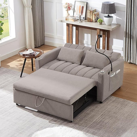 Eafurn 3 in 1 Convertible Sleeper Sofa Bed - Pull Out Couch Bed with Side Pockets, 55.9" Futon Love Seat Sleeper with Cup Holders and 360°Swivel Phone Holder for Living Room