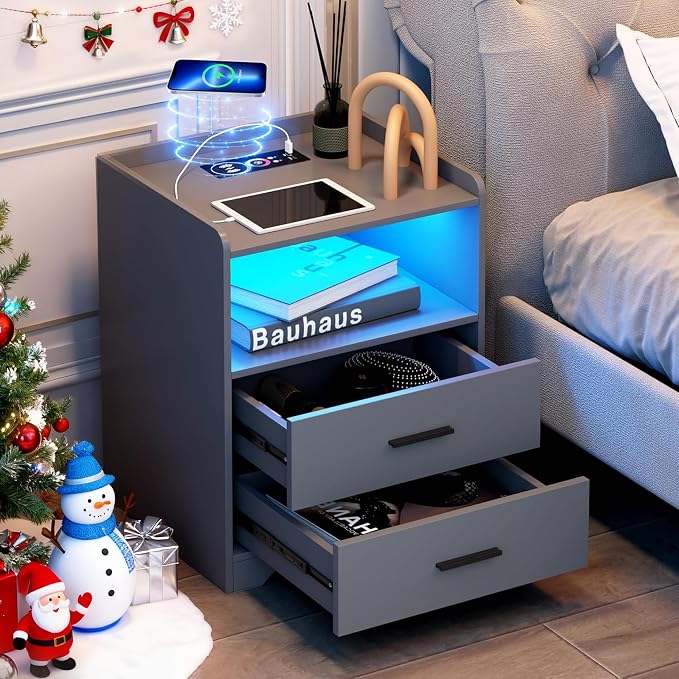 dnbss Grey Night Stand with Wireless Charging Station, Nightstand with 2 Drawers, Smart Bedside Table with 24-Color RGB Lighting, Modern LED Lighted Nightstand for Bedroom by DNBSS