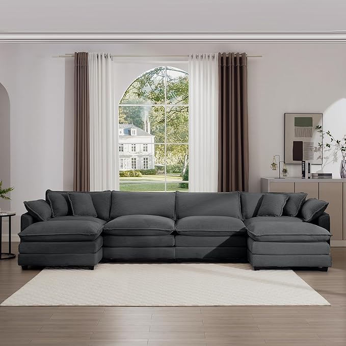 KEIKI 150" U-Shaped Oversized Corduroy Modular Sectional Sofa with 2 Ottoman, High-Density Foam Cushions, Removable Armrests, Upholstered 4-Seater Corner Couch with 6 Pillow, for Living Room, Grey