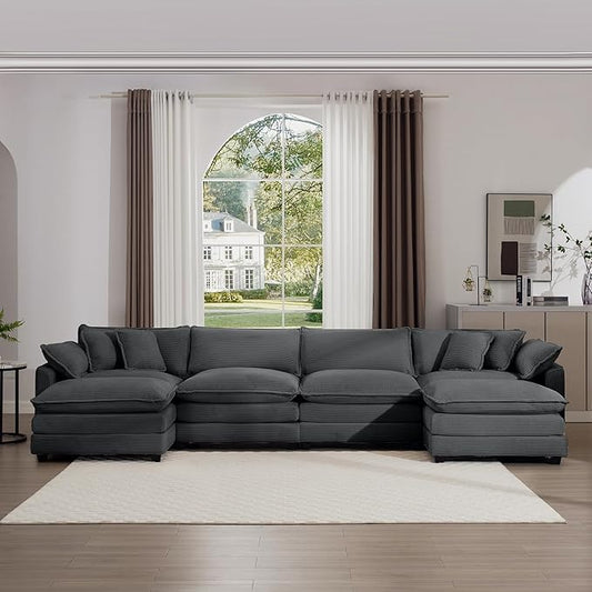 KEIKI 150" U-Shaped Oversized Corduroy Modular Sectional Sofa with 2 Ottoman, High-Density Foam Cushions, Removable Armrests, Upholstered 4-Seater Corner Couch with 6 Pillow, for Living Room, Grey