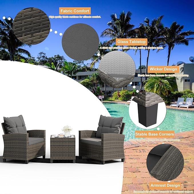 Shintenchi 3 Pieces Patio Furniture Set 3 Pieces PE Rattan Wicker Chairs with Table Outdoor Furniture for Backyard/Garden/Poolside/Outdoor Restaurant Gary Rattan with Gary Cushion