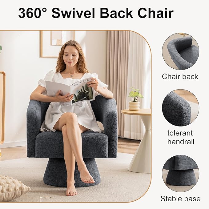 ClinQ Swivel Barrel Accent Chair, Oversized Teddy Upholstered Round Swivel Chairs Set of 1, Modern Luxury 360° Living Room Vanity Chair for Bedroom Office&Living Room, Grey