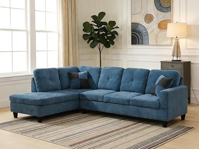 103.5 Inch Modern L-Shaped Couch, Flannel Sectional Sofa with Chaise Lounge, 4-Seater Couch with Accent Pillows for Living Room, Apartment, Dark Blue