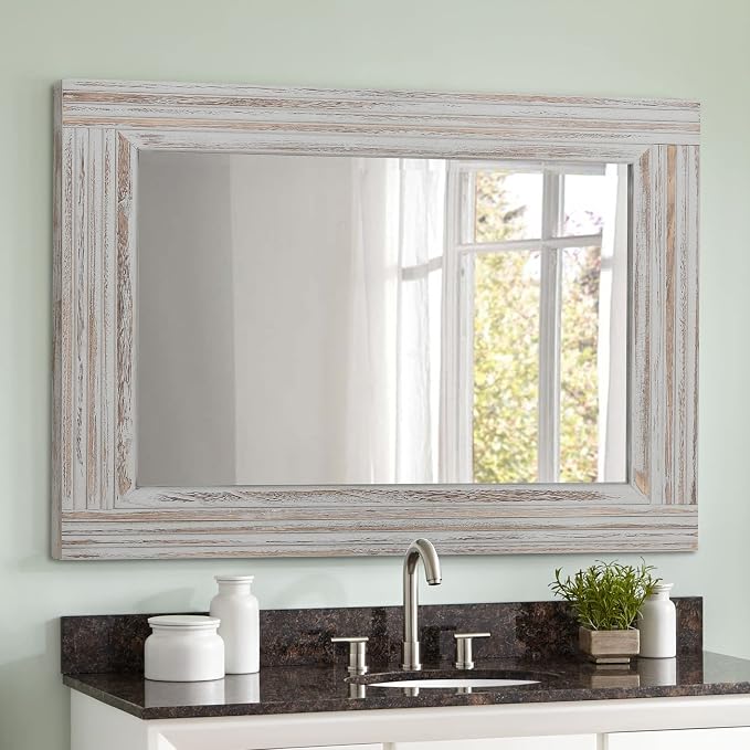 YOSHOOT Hand-Made Wooden Spliced Wall Mirror for Bathroom, Rustic Farmhouse Vanity Mirror, Décor Wall Art, Solid Wood Frame, Vertical or Horizontal Hanging - Image 3