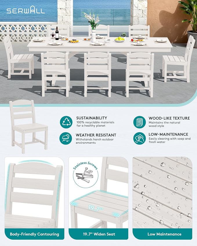SERWALL Outdoor Armless Dining Chairs Set of 2, All-Weather HDPE Patio Chair with 19.7" Widened Seat, for Backyard, Garden, White - Image 3