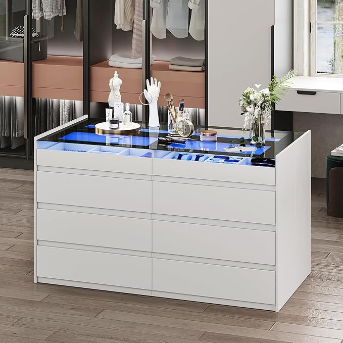 LIVAUVEAD Closet Island with Drawers, 16 Drawers Wardrobe Closet with Glass Top and LED Light，White Island Dresser with Jewelry Organizer for Bedroom & Cloakroom