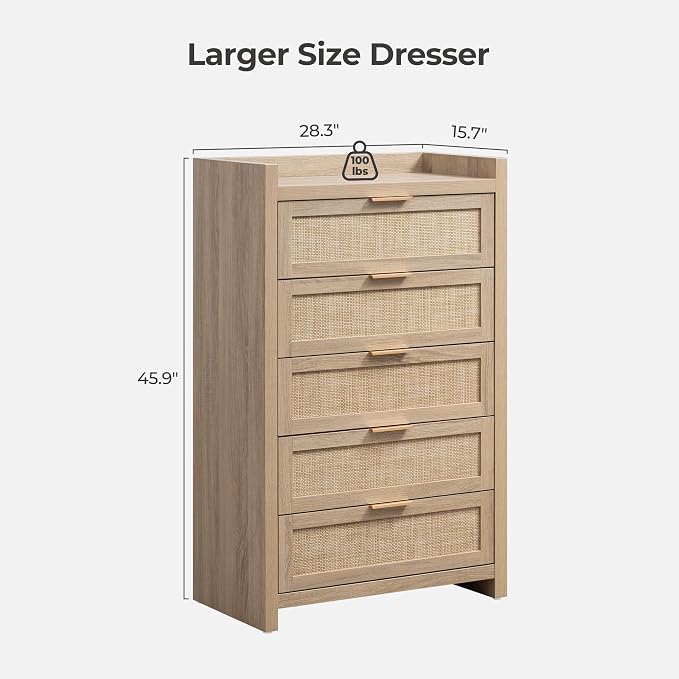SICOTAS Dresser for Bedroom Chest of Drawers 46" Tall Dresser for Closet with 5 Rattan Drawers Boho Nightstands Set of 3 Large Clothes Storage Cabinet TV Stand for Living Room Hallway Nursery Entryway - Image 3