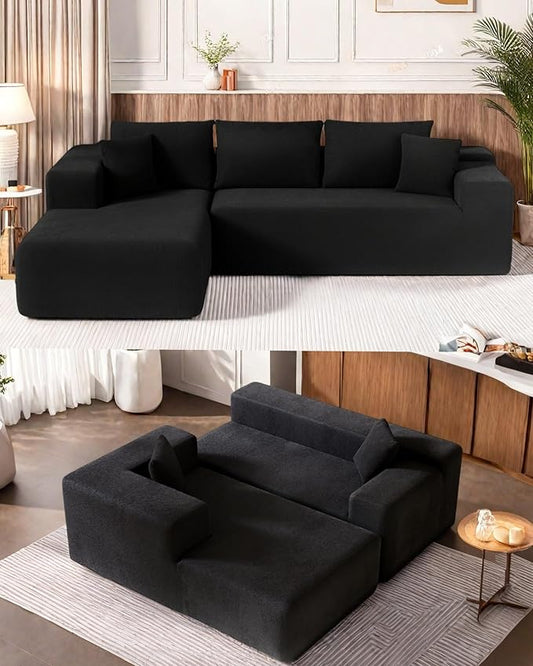 L-Shape Cloud Sectional Sofa, 104” Modern Modular Boneless Couch with Right Chaise Lounge, Compressed Floor Sofa with 5 Pillows & Deep Seat, Rain Drop Velvet Couch for Living Room, Black