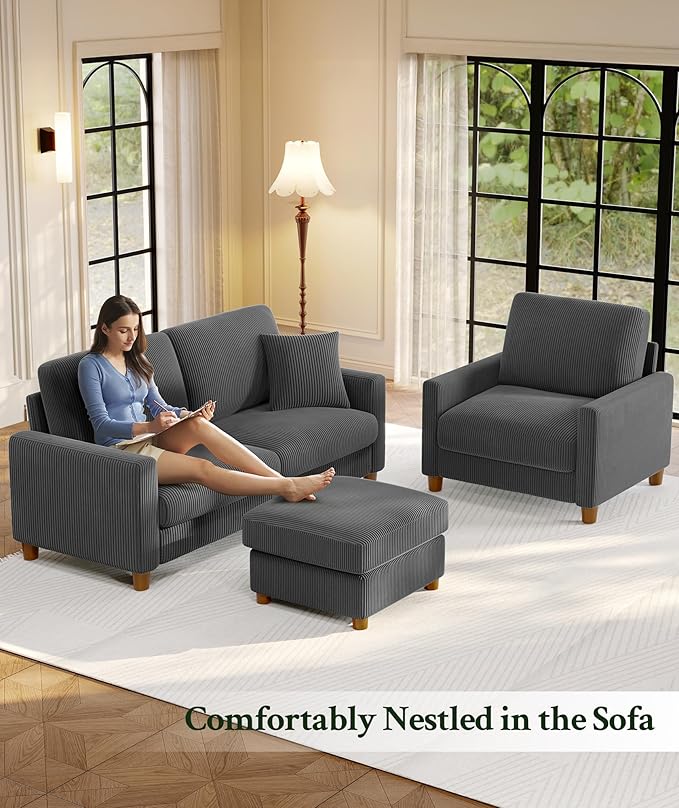 35.3" Couches for Living Room, Comfy Grey Couch Single with 22.5" Deeper Seat, Accent Chair Tool-Free Setup, Reading Chair 440lbs Support, Corduroy Couch for Bedroom, Apartment, Office