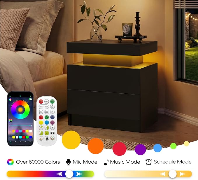 i-aplus Black Night Stand LED Nightstand with 2 Drawers Modern Bedside Tables for Bedroom, Living Room - Image 6