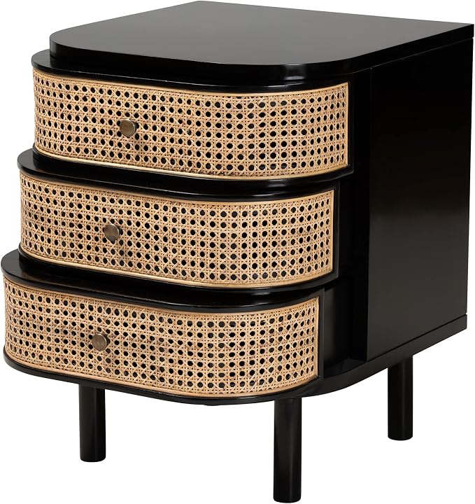 bali & pari Nabila Modern Bohemian Black Bayur Wood and Natural Rattan 3-Drawer End Table Nightstand - Image 4