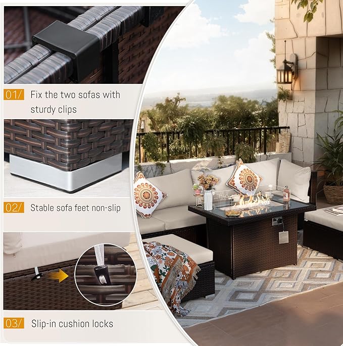 BULEXYARD 9 Piece Highback Patio Furniture Set with Fire Pit Table, Modern Modular Outdoor Sectional Couch Sofa with Ottoman, 8-Seater Backyard Seating for Exterior, Deck, Brown Wicker & Beige Cushion