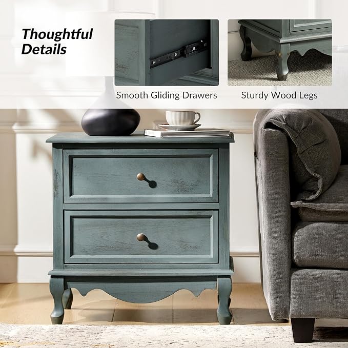 HULALA HOME Solid Wood End Tables Set of 2 with Charging Station Space, Vintage Endtables with Wood Legs and 2 Drawers, French Side Tables for Living Room, Blue - Image 4
