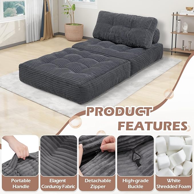 Folding Sofa Bed, Convertible Sleeper Chair with Pillow & Handle, Foldable Mattress Futon Chair Bed Lounge with Back Support, Comfy Floor Sofa for Living Room Bedroom, Grey, Single