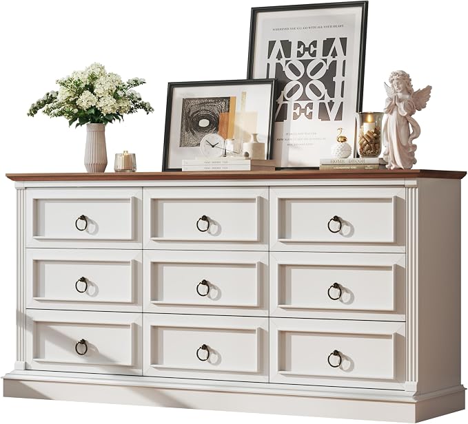 HUAHUU Farmhouse 9 Drawer Dresser for Bedroom, 60" Wide Wood Dresser with Roman Column, Chest of Drawers with Antique Bronze Circle Handles, Storage Organizer for Living Room, Hallway, Entryway, White - Image 8