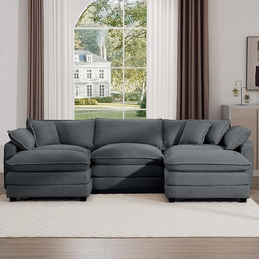 KEIKI 115" U-Shaped Oversized Corduroy Modular Sectional Sofa with 2 Ottoman, High-Density Foam Cushions, Removable Armrests, Upholstered 3-Seater Corner Couch with 5 Pillow, for Living Room, Grey