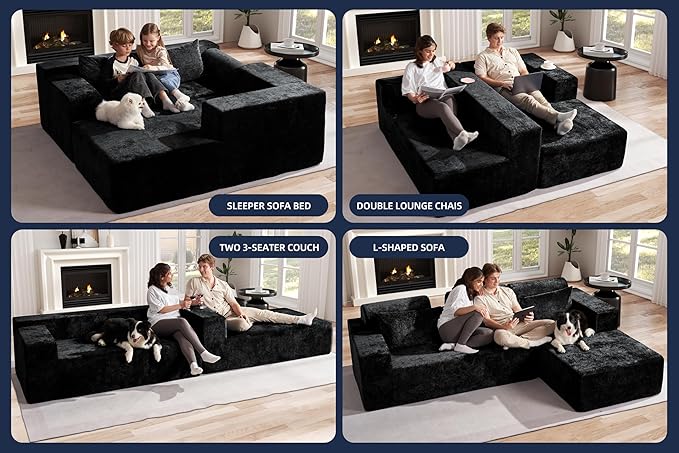 Homguava Modular Sectional Couches for Living Room,105" Cloud Couch with L-Shape Chaise,Comfy Sofa Living Room Couch with Deep Seat,No Assembly L Couch,Luxury Distressed Velvet(Black,R)